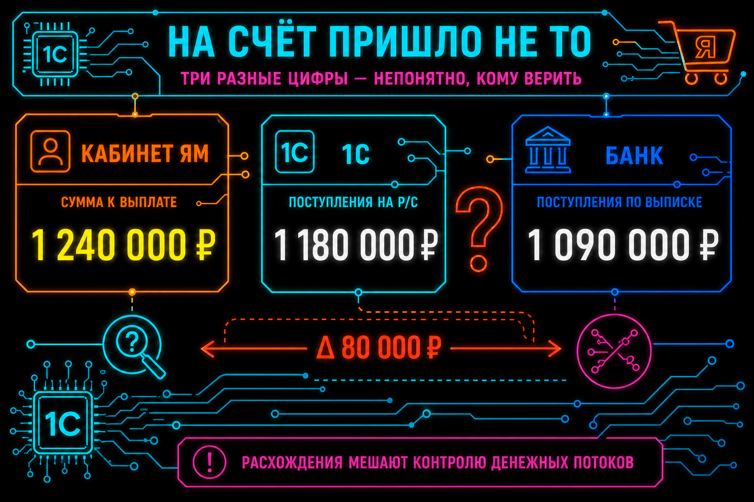Три разные цифры: кабинет, 1С, банк — непонятно, кому верить